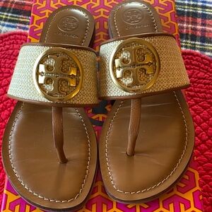 Tory Burch Tan and Gold Logo Sandals
